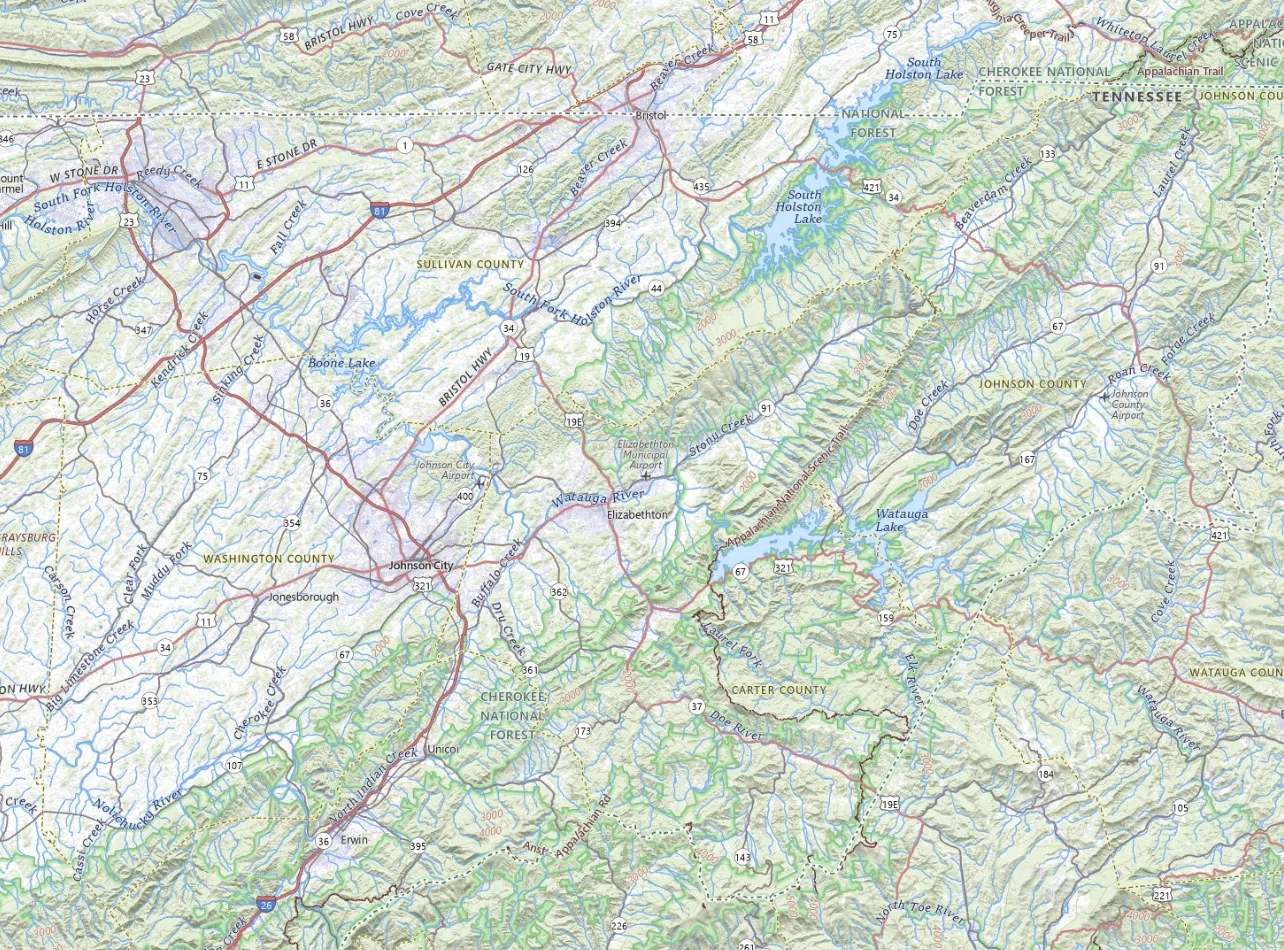 Topographic map of The Tree Climber's Northeast Tennessee service area, from Kingsport and Bristol south to Erwin and Roan Mountain
